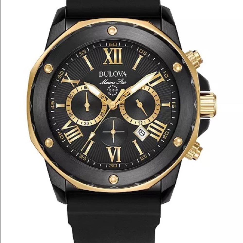 Men's Chronograph Marine Star Black Silicone Strap Watch 44mm 98B278